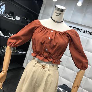 Set: Elbow-sleeve Cropped Blouse + Buttoned Baggy Pants