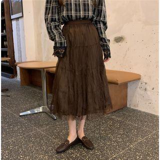 Midi A-line Mesh Skirt / Plaid Blouse