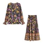 Floral Blouse / Midi A-line Skirt / Set
