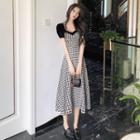 Puff-sleeve V-neck Plaid Dress