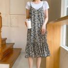 Short-sleeve T-shirt / Floral Print Overall Dress / Set
