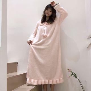 Pom Pom Ruffle Hem Midi Fleece Sleep Dress