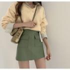 Long-sleeve Cable Knit Top / High-waist Faux Leather A-line Skirt