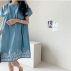 Embroidered Denim Shift Dress Light Blue - One Size