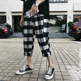 Elastic Waist Checker Cropped Pants