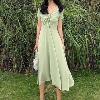 Short-sleeve Drawstring Plain Dress