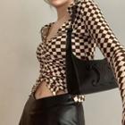 Long-sleeve Checker Print Polo Shirt / Faux Leather A-line Skirt