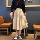 Elastic Waist Plain Pleated Midi Skirt