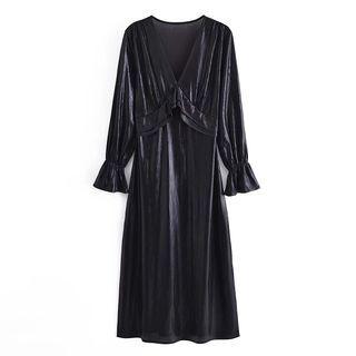 Ruffle-trim Slit Long-sleeve Midi A-line Dress