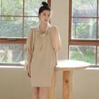Puff-sleeve Contrast Collar Bow Mini A-line Dress