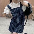 Short-sleeve Plain Blouse / Heart Print Denim Mini Overall Dress