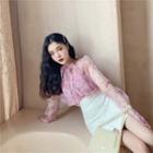 Long-sleeve Floral Print Chiffon Blouse Pink - One Size