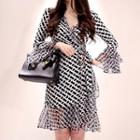 Long-sleeve V-neck Pattern Chiffon Mini Dress
