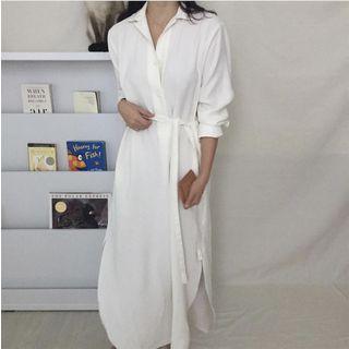 Long-sleeve Notch-lapel Midi Shirt Dress