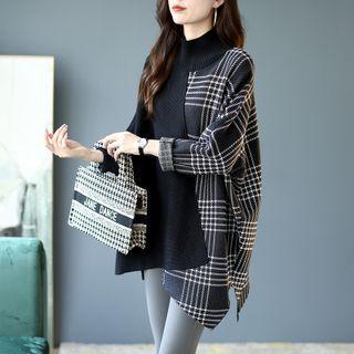 Irregular Paneled Plaid Mock-neck Poncho Sweater