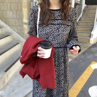 Long-sleeve Velvet Trim Floral Printed Dress