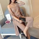 Set: Ribbed Knit Camisole + Long Cardigan + Drawstring Cropped Knit Pants