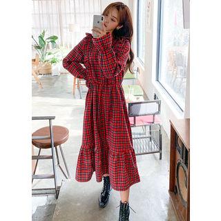 Tall Size Gathered-waist Frill-trim Maxi Plaid Dress