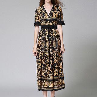 Printed V-neck Elbow Sleeve Midi Dress
