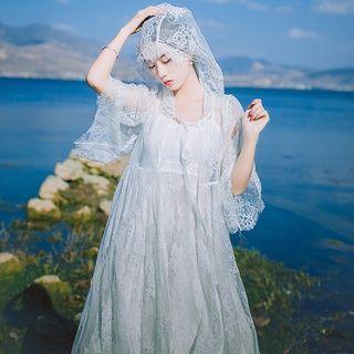 Set: Spaghetti Strap Lace Midi A-line Dress + Lace Hooded Long Jacket