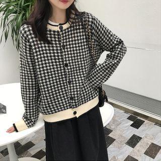 Round Neck Plaid Cardigan Plaid - Black & White - One Size