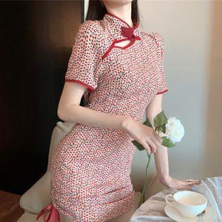 Short-sleeve Mandarin Collar Printed Mini Sheath Dress