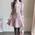 Tie-neck Ruffled Tweed Dress Pink - One Size