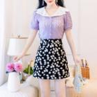 Set: Short-sleeve Lace Blouse + Floral Skirt