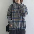 Mock Two-piece Turtleneck Plaid Hoodie Blue & Gray - One Size