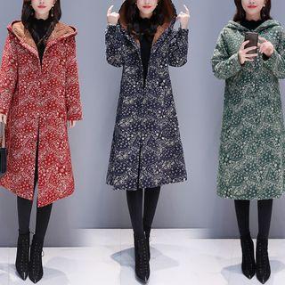 Floral Print Frog-button Hooded Midi Coat