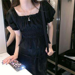 Puff-sleeve Square Neck Ruched Top
