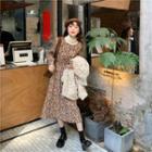 Fluffy Button-up Jacket / Floral Midi A-line Dress