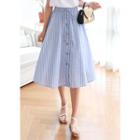 Drawstring-waist Buttoned Striped A-line Long Skirt