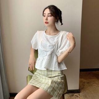 Round Collar Puff-sleeved Top White - One Size