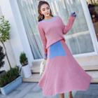 Set: Color Block Sweater + A-line Knit Skirt