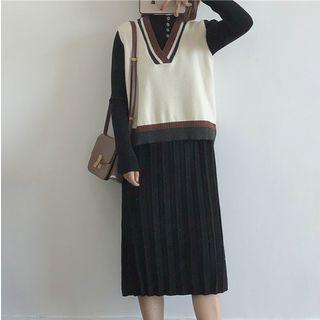Set: Buttoned Midi Sweater Dress + Contrast-trim Sweater Vest