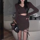 Long-sleeve Crop T-shirt / Lace-up Pencil Skirt
