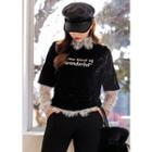 High-neck Short-sleeve Lettering Velvet T-shirt