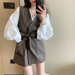 Plain Puff-sleeve Blouse / Faux Leather Tie-waist Vest