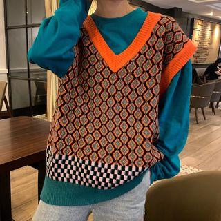 Oversize Long-sleeve T-shirt / Printed Knit Vest