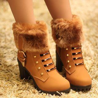 Chunky-heel Beaded Fleece-lining Ankle Boots