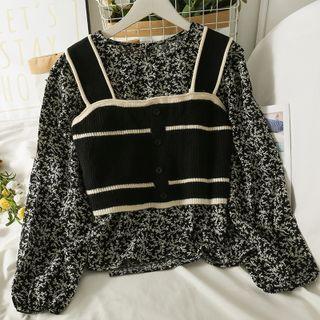 Set: Stripe-trim Crop Knit Vest + Floral Loose Blouse