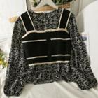 Set: Stripe-trim Crop Knit Vest + Floral Loose Blouse