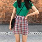 Plain Short-sleeve T-shirt / Plaid High-waist Mini A-line Skirt