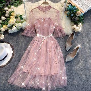 Sequin Elbow-sleeve A-line Mesh Dress