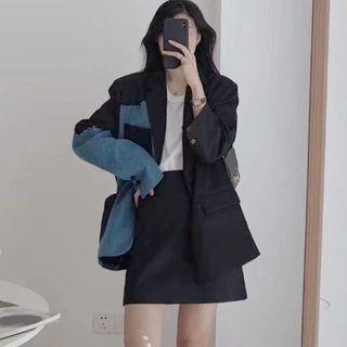 Denim Panel Blazer / Mini A-line Skirt