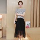 Set: Striped Short Sleeve T-shirt + Midi Tulle Skirt
