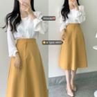 Ruffled Trim Square-neck Shirt / High-waist A-line Midi Skirt