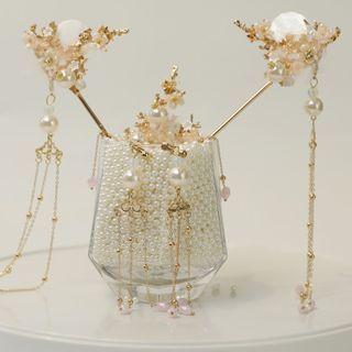 Set : Retro Faux Pearl Hair Comb + Hair Stick + Fringed Earring Set - Comb & Hairpin & Earring - Gold - One Size