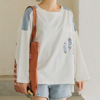 Long-sleeve Feather Print T-shirt White - One Size